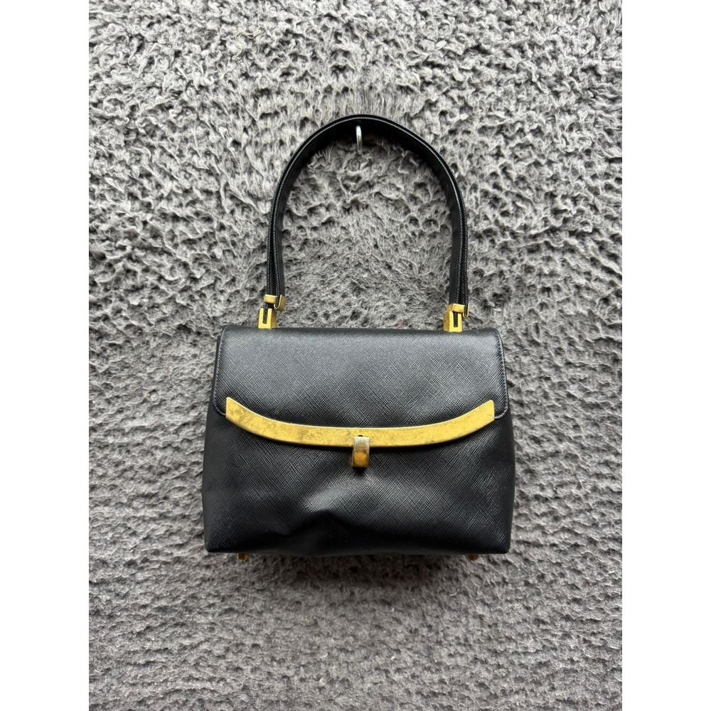 Vintage 60's Koret Textured Saffiano Leather Top Handle Bag Black Gold